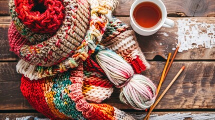 Colorful hand-knitted scarf, yarn, needles, and tea on rustic wood.