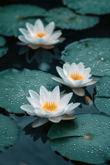  Lotus Flowers Floating on Calm Water with Dew Drops