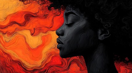 Fototapeta premium Fiery Abstract Portrait Woman Line Art Orange Black