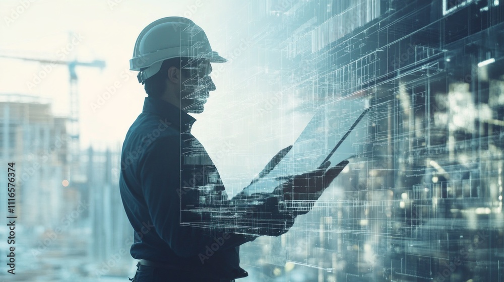 Poster A construction engineer stands in profile, immersed in augmented reality, analyzing project data on a digital tablet at a bustling construction site during the late afternoon