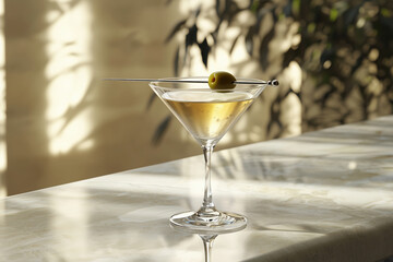 A photo of a Vodka Martini cocktail with a green olive on a modern stone bar table and background in a high class city lounge.