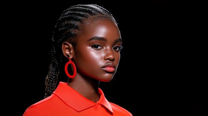 Model's Fierce Gaze: A captivating portrait of a Black model, featuring striking braided hair, bold red lipstick, and statement earrings, creating a powerful and alluring image.