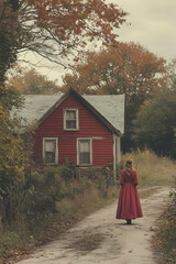 Nostalgic Red Cottage in Autumn with Woman Walking on Rural Path