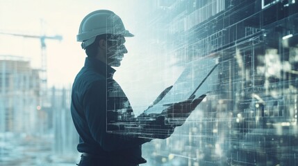 A construction engineer stands in profile, immersed in augmented reality, analyzing project data on a digital tablet at a bustling construction site during the late afternoon