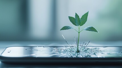 A small green plant emerges from the cracked screen of a smartphone, symbolizing resilience and renewal.