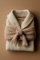 Folded Cozy Beige Knit Sweater with Elegant Bow Design