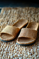 Eco-Friendly Handmade Woven Slippers on Natural Fiber Mat