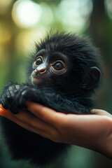 Adorable Baby Monkey Held Gently in Caring Human Hands