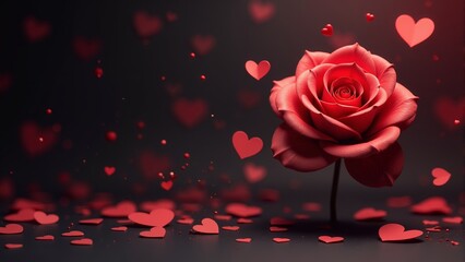 A single red rose surrounded by floating hearts on a dark background, perfect for romance and love