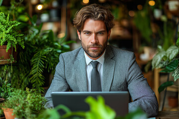Mature business man sitting at desk and using laptop