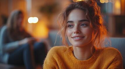 Obraz premium In a warm and inviting living room, a young woman beams with happiness while wearing a cozy sweater, surrounded by soft lights and a relaxed vibe.