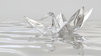 A delicate silver origami swan gracefully floats on calm water.