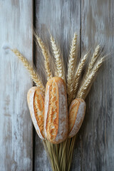 Rustic Loaves of Fresh Bread with Wheat Stalks on Wooden Surface