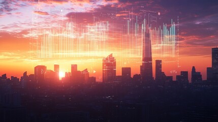 Fototapeta premium Office Skyline Silhouetted Against Sunset with Digital Overlay