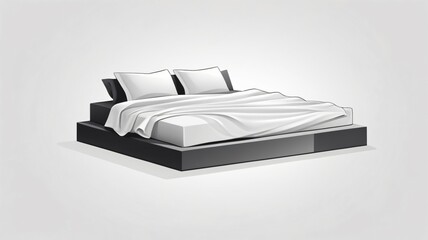 Minimalistic bed design featuring white bedding on a modern black platform with simple visual styling