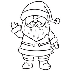 Santa Claus in costume with beard and moustache is waving hand isolated on white background. Hand drawn vector sketch illustration in doodle engraved vintage line art style. Merry Christmas symbol