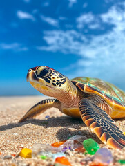 sea turtle swimming in water after  in the forest with plastic, chemical  and and  water pollution  turtle on the beach