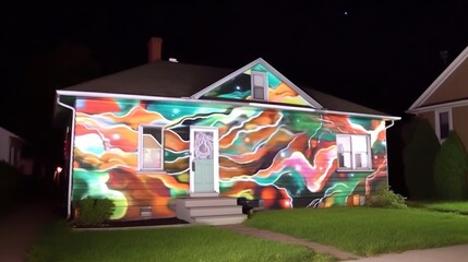 Vibrant Nighttime Mural on Suburban Home.