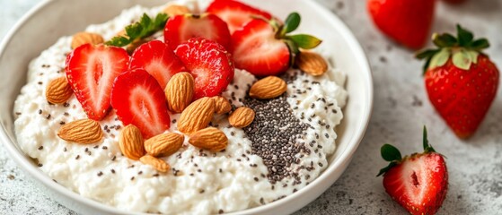 Cottage Cheese Bowl with Strawberries, Almonds, and Chia Seeds