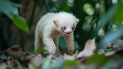 Fototapeta premium Adorable albino sloth cub exploring rainforest floor.