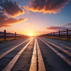 Fototapeta premium High-contrast image of dark asphalt road with a wooden railing against a bright sky at sunrise, wooden railing, outdoor, landscape