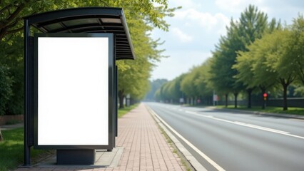 Blank billboard poster advertisement mockups at an empty bus stop shelter along the main road with greenery in the background out of home OOH vertical billboard media display area