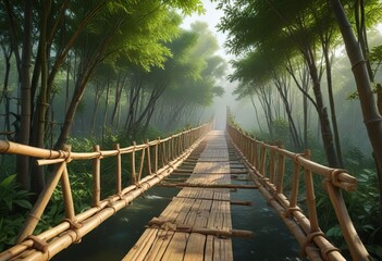Fototapeta premium Bamboo suspended bridge connecting two trees with leaves and vines , bamboo leaves , tree to tree bamboo, tropical forest suspension