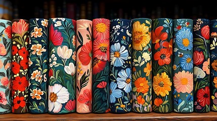 Fototapeta premium Vibrant Floral Book Covers Hand Painted Botanical Designs Green Background Dark Teal Red Orange