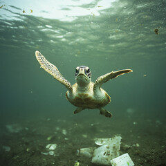 sea turtle swimming in water after  in the forest with plastic, chemical  and and  water pollution 