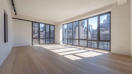 Fototapeta premium Sunlit empty modern apartment with large windows and city view.