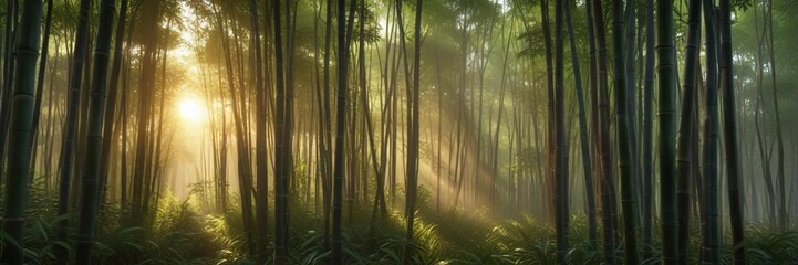 Obraz premium a clearing in the bamboo forest with sunbeams filtering through, shadows, outdoor scene