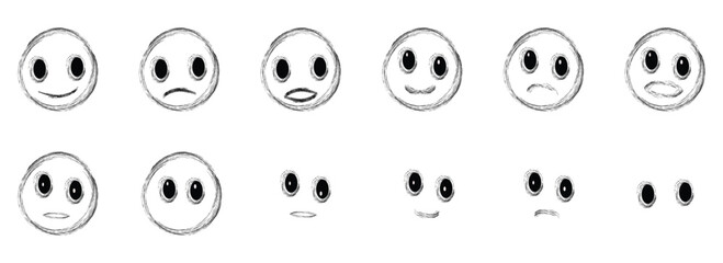 Hand-drawn emotion icons with brush srock. Vector emotion icons. 12 different emojis (black outline) vector type