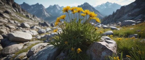 Mountain ram Arnica montana growing in a rocky alpine zone , Arnica montana, mountain ram, alpine zone