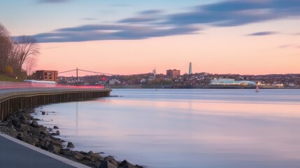 Scenic urban waterfront at twilight with vibrant colors and tranquil water, showing a paved walkway, rocks, a bridge, and buildings in the background.