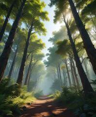 Naklejka premium Forest with a tall tree visible through the canopy, foliage, forest