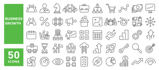 Set of 50 line icons related to business growth, profit, management, sales, finance, success, efficiency, performance, Editable stroke. Vector illustration