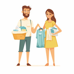 Fototapeta premium Happy Couple Holding Clean Clothes - Laundry Day Concept