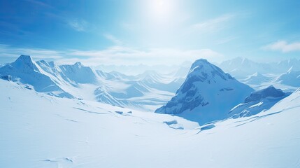 Beautiful landscape of snow-capped mountains. Panoramic view of mountainous area with peaks. Illustration for cover, card, postcard, interior design, banner, poster, brochure or presentation.