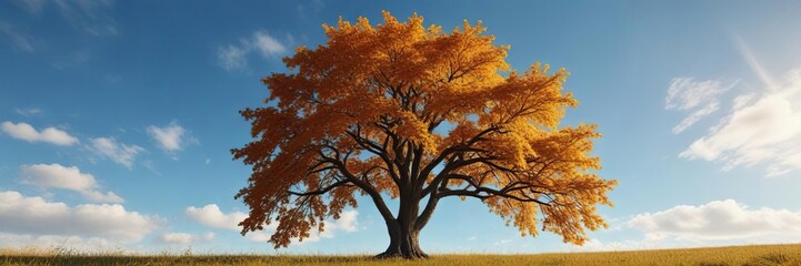 Autumnal colors of the walnut tree against a blue sky, trees, clouds