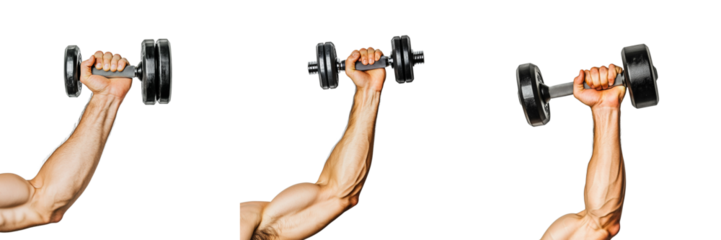 Set of powerful male arm holding a dumbbell isolated on transparent background