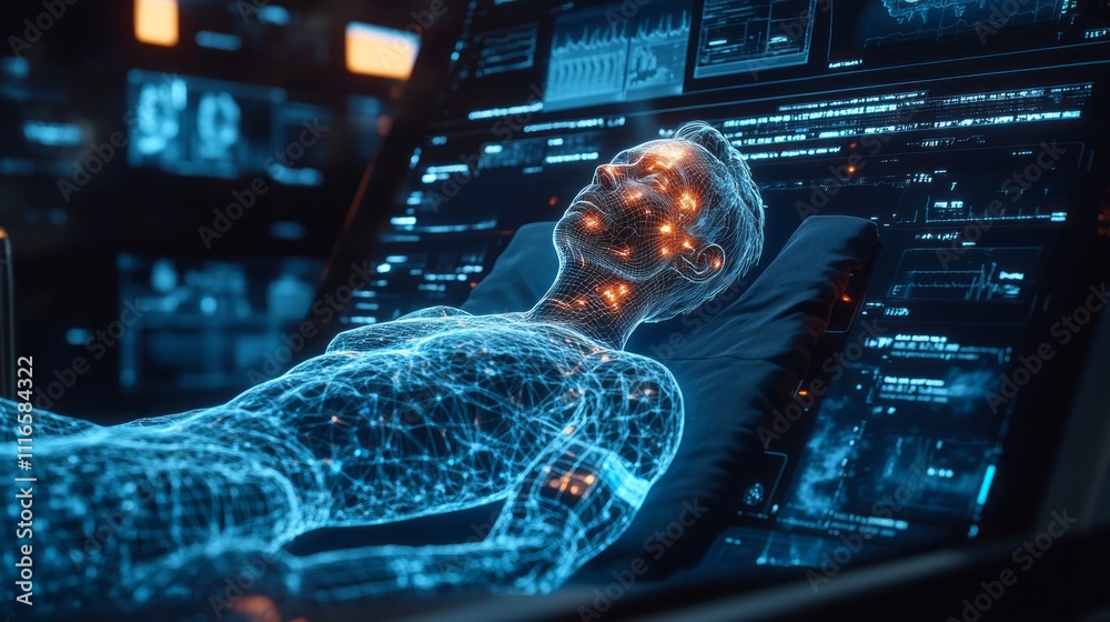 Poster a lifelike digital twin of a human lies calmly within a high-tech chamber, surrounded by glowing int