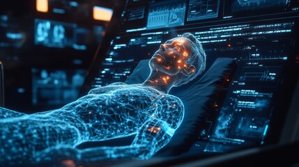 A lifelike digital twin of a human lies calmly within a high-tech chamber, surrounded by glowing interfaces and complex data displays, merging technology and humanity in perfect harmony
