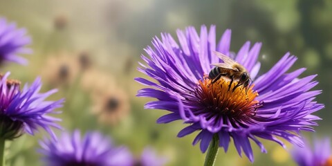 A honeybee hovering around a purple cornflower, creating a sense of movement and energy in the image , motion blur, flowers