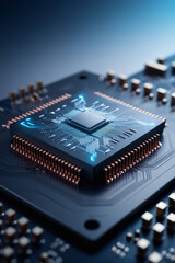 Highly detailed illustration of a futuristic artificial intelligence microchip sitting atop a complex mother board, with intricate circuits and pathways etched onto its surface