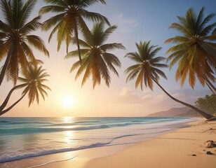 Obraz premium Palm trees swaying gently in the breeze on a beach, coastal landscape, beach view, nature scene