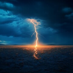 Fototapeta premium Dramatic lightning strike over a dark, flat landscape at night.