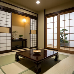 Traditional Japanese tea room with tatami mats and sliding paper doors