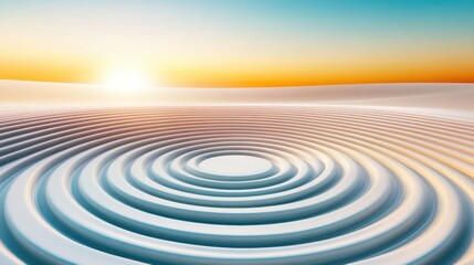 Naklejka premium Sunrise over serene sand dunes with concentric patterns creates a tranquil scene, AI