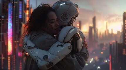 a robot guy hugs a girl, a man and a woman, the connection of artificial intelligence and man, on a blurred background, the night city of megapolis, technologies of the future
