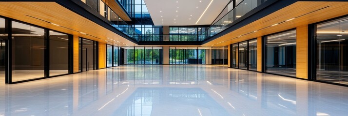 Obraz premium Modern Open Office Space Interior - A contemporary office interior featuring large windows, wooden accents, and glossy floors, fostering a bright and spacious work environment.